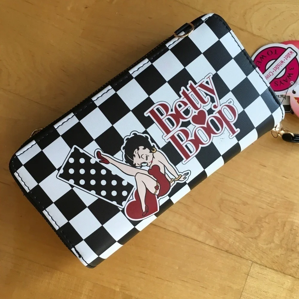 Betty Boop 3-Way Double Zip Around Wallet, Wristlet, Crossbody, Black, White